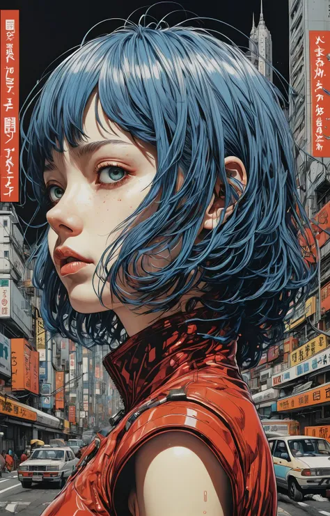 photography in the style of detailed hyperrealism ,poster ,girl,fantasy,Katsuhiro Otomo,bold lines,hyper detailed
