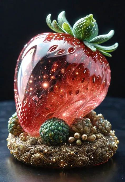 A realistic photo of (intricate transparent glass interstellar nebula Strawberry statue made of galaxies, flora and fauna, hyper realistic, ultra detailed, elegant, beautiful, 1 tail)), photo is taken with a Canon EOS R5 and a Canon RF 100-500mm f/4.5-7.1L IS USM lens, ultra high quality, ultra high detailed ,Stained Glass, snowflake textured Glas, colored glass pieces, product scene, translucent, transparent, glass orb, black haze, blue haze, red haze, paths, patched planet, stars, saturn planet, snow, earth planet