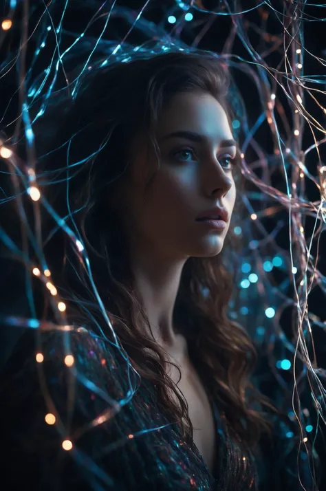 cinematic film still (8k, RAW photo, highest quality), Abstract style mysterious figure emerges from the shadows in a tangled mess of iridescent wires and glowing mesh, face hidden behind layers of glitched wavy distortions, non-representational, colors and shapes, expression of feelings, imaginative, highly detailed . shallow depth of field, vignette, highly detailed, high budget, bokeh, cinemascope, moody, epic, gorgeous, film grain, grainy