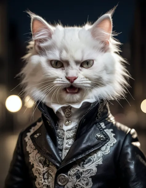 obscurantism white fluffy kitten, humanoid, (angry expression:1.2), wearing a high collar black leather nobleman coat, intricate detailing, silver brocade, streets of london at (night:1.3), 1830
dark vignette