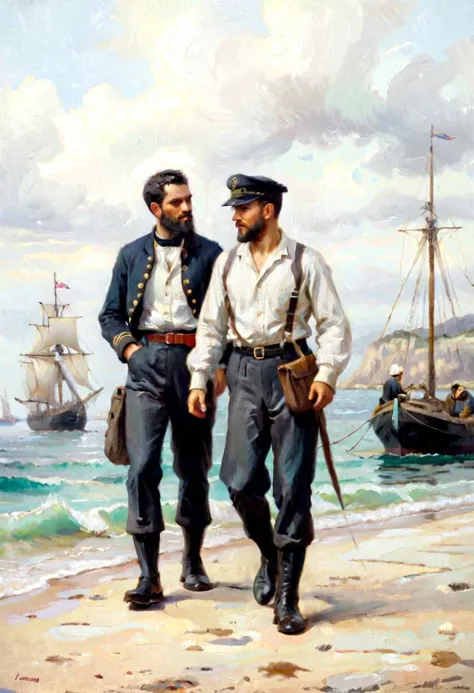 19th century topman and afterguard, 2 poor sailors walking in the port and chatting, topman says "For the rights of all sailors", afterguard answers "amen!", ((best quality, masterpiece)), award winning, oil painting, 19th century, dark art