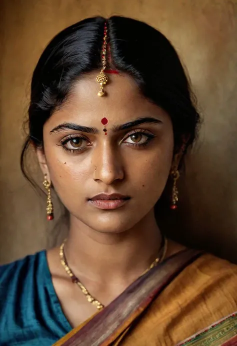 Photography in (stvmccrr style), a young indian woman with striking honey eyes, (sandeepa dhar : emily willis : 1),portrait, emotive humane photography, rich colors, analog film, film grain, kodachrome, intricate details, insanely detailed, natural lighting, 8k, hdr, masterpiece, award winning photography, rustic background