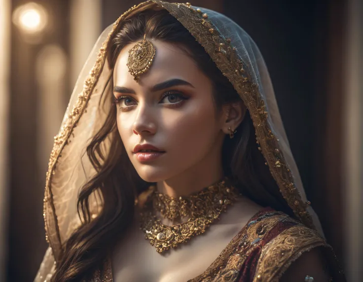 cinematic still, hdr, analog raw candid photo of a beautiful young woman, embellished costume, realistic skin texture, perfect eyes, haze lighting, photo from below, 4k, uhd, masterpiece