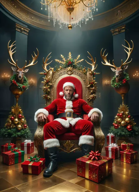 RAW photo of Jason Statham as badass Santa Clause, wearing a Santa costume (with Mistletoe), sitting on a golden throne, with reindeers abandoned throne room, gift box and stained floor, highly details, best quality, masterpiece, detailed face, 8k, hdr, hyper resolution, cinematic lighting, cinematic still, christmas theme, instant present, ral-santa
<lora:add-detail-xl:1>, <lora:Instant_Present:0.3>, <lora:ral-santa:0.33>