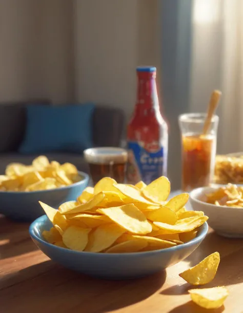 potatoe chips on a wooden table, haze lighting,  ilya kuvshinov, artgerm, krenz cushart, greg rutkowski, hiroaki samura, range murata, james jean, katsuhiro otomo, erik jones, serov, surikov, vasnetsov, repin, kramskoi, 4k, UHD, masterpiece