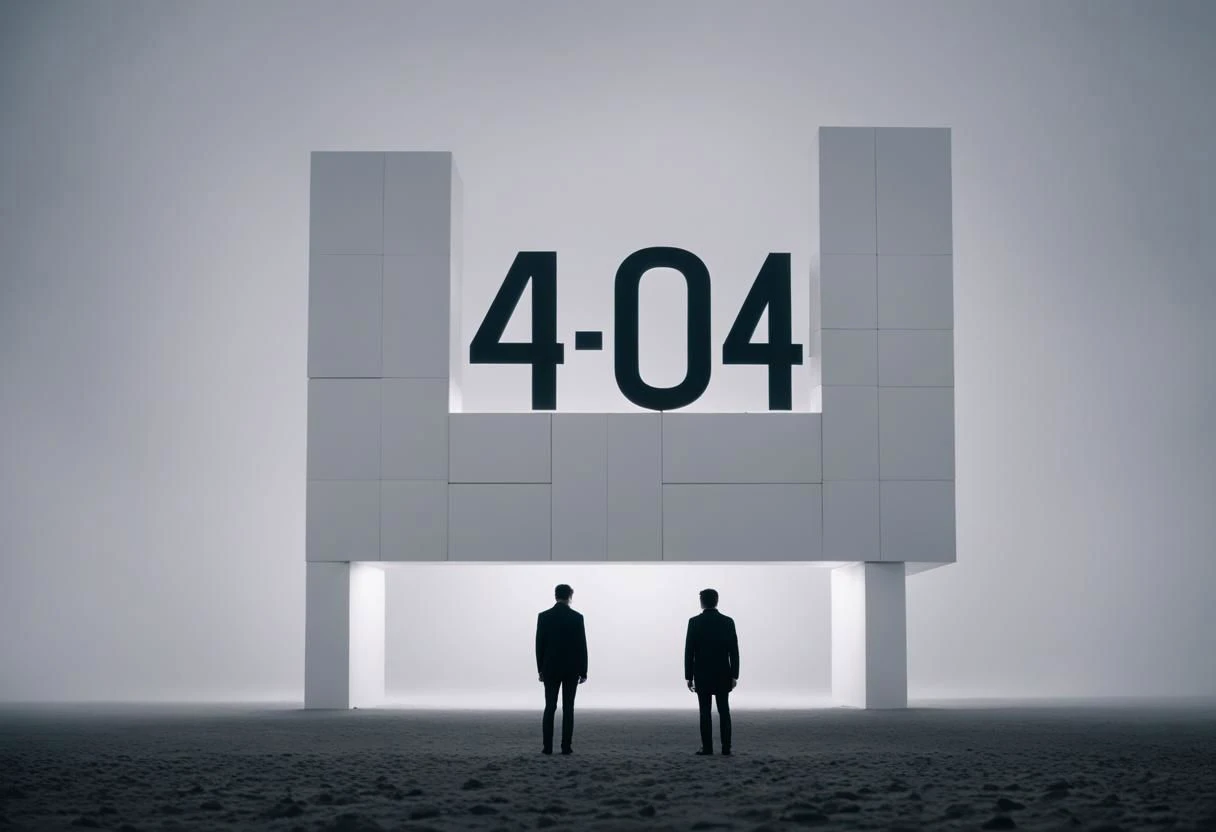 the man stands in front of a large structure with a lot of cubes hanging from it, a large sign hanging from top saying "404", in the style of minimalist monochromes, ethereal imagery, flickr, zeiss ikon zm
