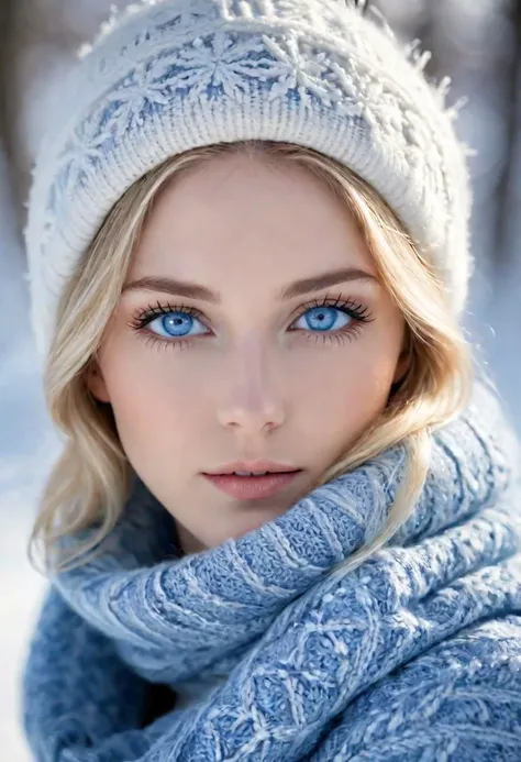 a woman with snow-inspired macroscopic patterns. bright blue eyes. Highlight concentric circles, dendritic, and lattice patterns in her clothing and background, using a wintry palette of blues, whites, and silvers. Aim for a serene expression and soft, diffused lighting to emphasize the delicate snowflake textures. highly detailed.