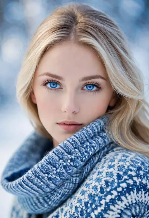 a woman with snow-inspired macroscopic patterns. bright blue eyes. Highlight concentric circles, dendritic, and lattice patterns in her clothing and background, using a wintry palette of blues, whites, and silvers. Aim for a serene expression and soft, diffused lighting to emphasize the delicate snowflake textures.