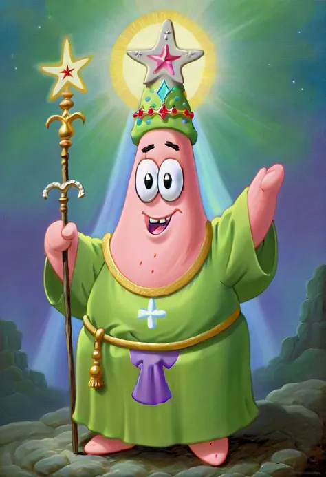 liturgical art style, 18th century oil painting of ukj character patrick star, wearing green saint's  robe, bright halo above head, holding saint staff, christian theme