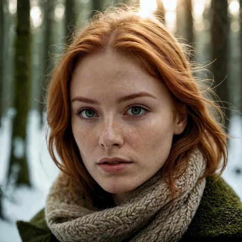 cinematic photo close up of a european woman, ginger hair, winter forest, natural skin texture, 24mm, 4k textures, soft cinematic light, RAW photo, photorealism, photorealistic, intricate, elegant, highly detailed, sharp focus, ((((cinematic look)))), soothing tones, insane details, intricate details, hyperdetailed, low contrast, soft cinematic light, dim colors, exposure blend, hdr, faded (boobs out), cinematic photorealistic, 8k uhd natural lighting, raw, rich, intricate details, key visual, atmospheric lighting, 35mm photograph, film, bokeh, professional, 4k, highly detailed . 35mm photograph, film, bokeh, professional, 4k, highly detailed