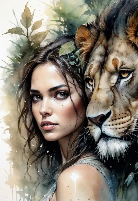 Watercolour, ink, close-up, Portrait painting, ana de armas and dark lion in jungle , night. in royo art, style of Jean Baptiste Monge, Thomas Kinkade, David Palumbo, Carne Griffiths.