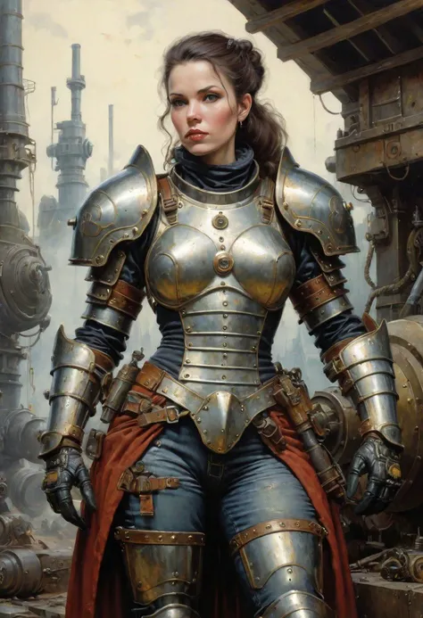 large painting of a woman in heavy armor and equipment, industrial punk style, Mark Lag, charming characters, Ed Emshwiller, realistic detailing, mechanical designs, random nonsense
style of Jean Baptiste Monge, Thomas Kinkade, David Palumbo, Carn Griffiths.