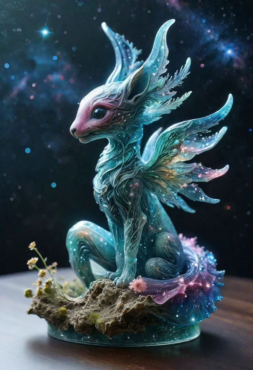 A realistic photo of ((intricate transparent glass interstellar nebula adorable magical creature statue made of galaxies, flora and fauna, hyper realistic, ultra detailed, elegant, beautiful, 1 tail)), photo is taken with a Canon EOS R5 and a Canon RF 100-500mm f/4.5-7.1L IS USM lens, ultra high quality, ultra high detailed ,Stained Glass, snowflake textured Glas, colored glass pieces, product scene, translucent, transparent, glass orb, black haze, blue haze, red haze, paths, patched planet, stars, saturn planet, snow, earth planet