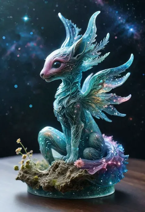 A realistic photo of ((intricate transparent glass interstellar nebula adorable magical creature statue made of galaxies, flora and fauna, hyper realistic, ultra detailed, elegant, beautiful, 1 tail)), photo is taken with a Canon EOS R5 and a Canon RF 100-500mm f/4.5-7.1L IS USM lens, ultra high quality, ultra high detailed ,Stained Glass, snowflake textured Glas, colored glass pieces, product scene, translucent, transparent, glass orb, black haze, blue haze, red haze, paths, patched planet, stars, saturn planet, snow, earth planet