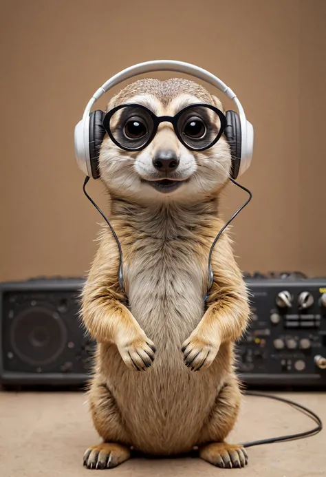 meerkat wearing oversized headphones, cheerful