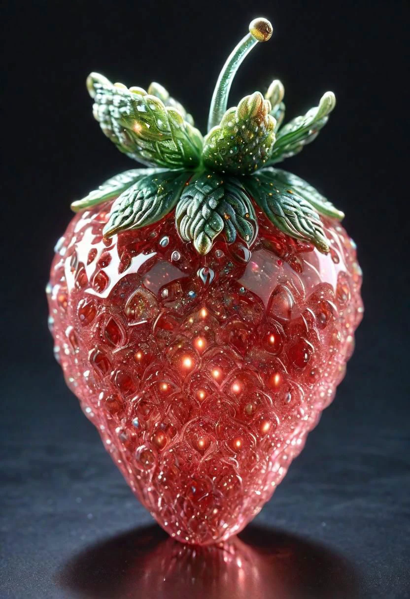 A realistic photo of (intricate transparent glass interstellar nebula Strawberry statue made of galaxies, flora and fauna, hyper realistic, ultra detailed, elegant, beautiful, 1 tail)), photo is taken with a Canon EOS R5 and a Canon RF 100-500mm f/4.5-7.1L IS USM lens, ultra high quality, ultra high detailed ,Stained Glass, snowflake textured Glas, colored glass pieces, product scene, translucent, transparent, glass orb, black haze, blue haze, red haze, paths, patched planet, stars, saturn planet, snow, earth planet