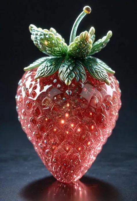 A realistic photo of (intricate transparent glass interstellar nebula Strawberry statue made of galaxies, flora and fauna, hyper realistic, ultra detailed, elegant, beautiful, 1 tail)), photo is taken with a Canon EOS R5 and a Canon RF 100-500mm f/4.5-7.1L IS USM lens, ultra high quality, ultra high detailed ,Stained Glass, snowflake textured Glas, colored glass pieces, product scene, translucent, transparent, glass orb, black haze, blue haze, red haze, paths, patched planet, stars, saturn planet, snow, earth planet