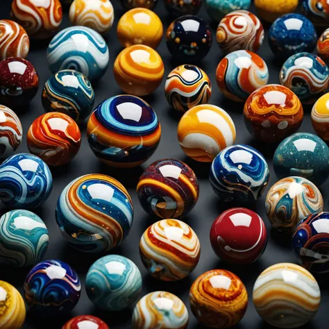 cinematic photo A captivating cinematic 3D render of a stunning collection of handmade marbles, each with a unique and vibrant color pattern. The marbles are displayed on a dark, polished surface, highlighting their intricate designs and rich colors. The various patterns range from swirling gradients to bold, geometric shapes. The overall atmosphere of the image is vibrant and eye-catching, drawing viewers in with its mesmerizing beauty., cinematic, poster, 3d render, vibrant, photo, cinematic photorealistic, 8k uhd natural lighting, raw, rich, intricate details, key visual, atmospheric lighting, 35mm photograph, film, bokeh, professional, 4k, highly detailed . 35mm photograph, film, bokeh, professional, 4k, highly detailed