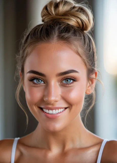 Super model pose, breasts tan lines, perfect eyes, highly detailed beautiful expressive eyes, detailed eyes, hair in a messy bun, perfection gorgeous smile, light makeup, (8k, RAW photo, best quality, depth of field, ultra high res:1.2), intricate, photorealistic, masterpiece, ultra-detailed), crisp, vivid lighting,