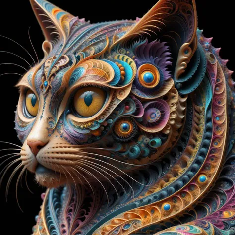 hyper detailed paisley fractal image using the gambit of vivid glossy colors, create a masterpiece of a living bust of the most intelligent looking cat ever seen, expressive eyes,dark black background, 16k