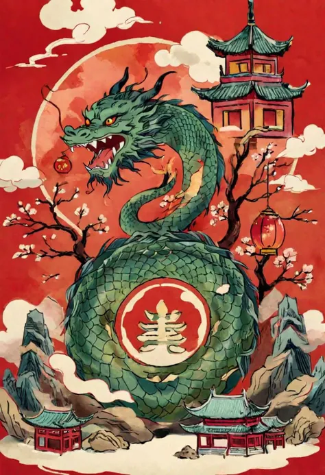 eastern dragon,chinese dragon,(solo:1.5),Centered dragon head,serpentine,majestic,a circle with a pinetrees inside,paper lanterns and mountain on around it,clouds,Spring Festival,chinese meticulous ink,illustration,redbackground,high detail,high quality,completed