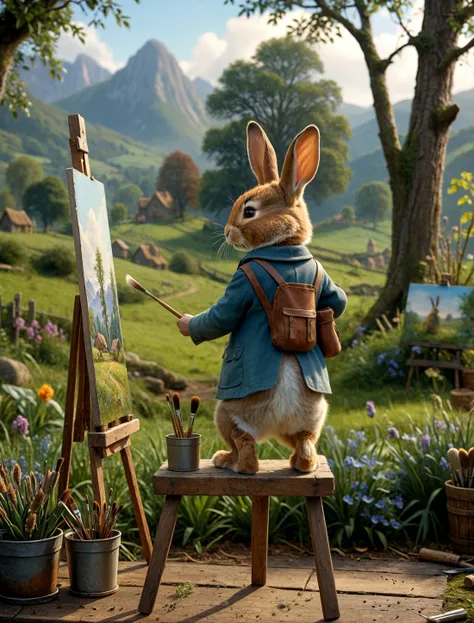 cinematic photo cinematic film still fairy tale cinematic film still Photo ((View from behind, Peter Rabbit in staning front of an easel holding a paintbrush, painting a country landscape)). the Rabbit wearing a cylinder hat, Chibi style, cartoonish, landscape in the style of Alexander Nasmyth. Vibrant, beautiful, painterly, detailed, textural, artistic . shallow depth of field, vignette, highly detailed, bokeh, cinemascope, moody, epic, gorgeous, film grain, grainy <lora:xl_more_art-full_v1:0.5> . magical, fantastical, enchanting, storybook style, highly detailed . shallow depth of field, vignette, highly detailed, high budget, bokeh, cinemascope, moody, epic, gorgeous, film grain, grainy <lora:Hyper-SDXL-8steps-lora:1>, cinematic, colorful background, concept art, 8k, dramatic lighting, high detail, highly detailed, hyper realistic, intricate, intricate sharp details, octane render, smooth, studio lighting, trending on artstation., cinematic, colorful background, concept art, 8k, dramatic lighting, high detail, highly detailed, hyper realistic, intricate, intricate sharp details, octane render, smooth, studio lighting, trending on artstation., cinematic photorealistic, 8k uhd natural lighting, raw, rich, intricate details, key visual, atmospheric lighting, 35mm photograph, film, bokeh, professional, 4k, highly detailed . 35mm photograph, film, bokeh, professional, 4k, highly detailed
