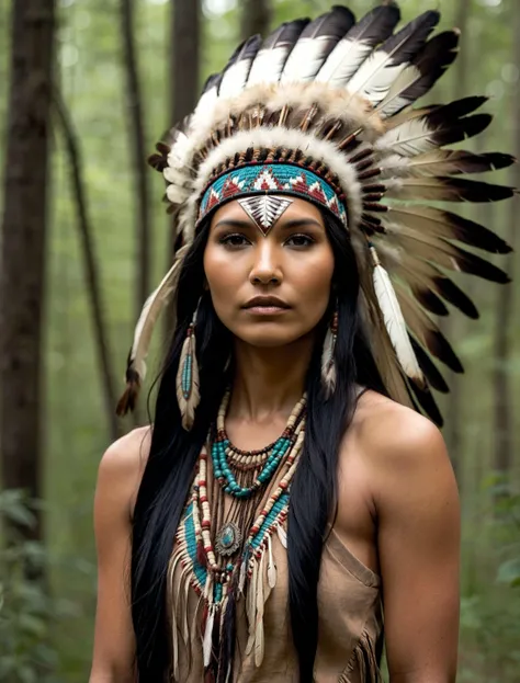 A fashion magazine photography of a proud Native American woman emerges from the forests with resilience and strength encased in every enchanting strand of ebony hair.