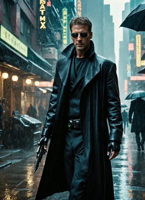 cinematic photo wide shot 1man imposing Cyberpunk Neo/(Ryan Gosling:0.6)/Harrison Ford  from the matrix but a cyborg robot with (((one cybernetic hand))), with a dark, sinister face with black sunglasses, dressed in a long, black coat. . In a futuristic Blade runner city ((raining alot)) , ((The matrix)) Cyberpunk , tall Neonex City street., cinematic  photorealistic, 8k uhd natural lighting, raw, rich, intricate details, key visual, atmospheric lighting, 35mm photograph, film, bokeh, professional, 4k, highly detailed . 35mm photograph, film, bokeh, professional, 4k, highly detailed