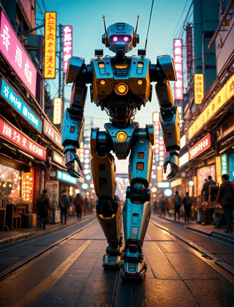 Abstract style cinematic photo robot walking in japanese robot city, colorful, exploding bridge in background depth of field, wide angle shot, cinematic photorealistic, 8k uhd natural lighting, raw, rich, intricate details, key visual, atmospheric lighting, 35mm photograph, film, bokeh, professional, 4k, highly detailed . 35mm photograph, film, bokeh, professional, 4k, highly detailed, cinematic, colorful background, concept art, 8k, dramatic lighting, high detail, highly detailed, hyper realistic, intricate, intricate sharp details, octane render, smooth, studio lighting, trending on artstation. . Non-representational, colors and shapes, expression of feelings, imaginative, highly detailed