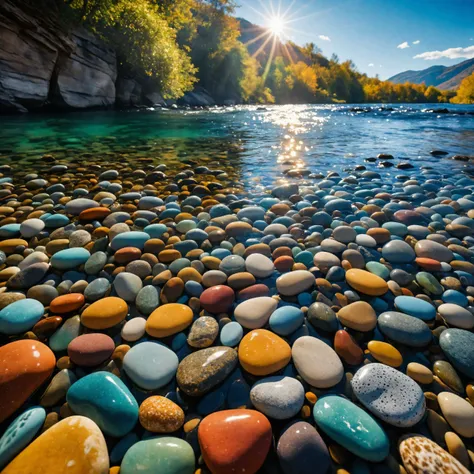 cinematic photo a long exposer photograph of a river with colourful  but natural river rocks under the water, windows xp bliss wallpaper, mind-bending digital art, pebbles, many colors in the background, light refractions, different realms, inspired by Nōami, depth blur, cinematic  photorealistic, 8k uhd natural lighting, raw, rich, intricate details, key visual, atmospheric lighting, 35mm photograph, film, bokeh, professional, 4k, highly detailed.