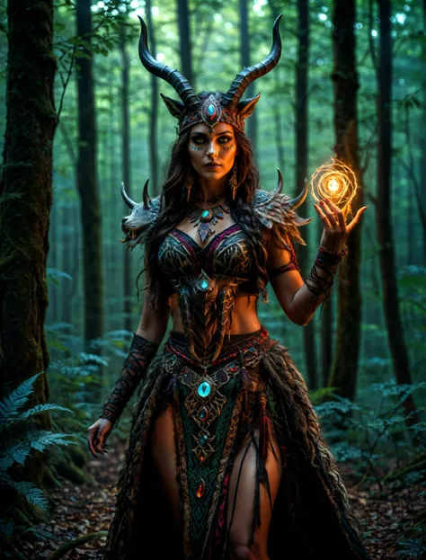 a woman with glowing eyes and horns in a dramatic pose, in a dark forest, photo realistic symmetrical, beautiful necromancer , with glowing eyes, she is dressed in shaman clothes, humblewood art style,, anthropomorphic lynx, cultist, inspired by bare feet., cinematic, colorful background, concept art, 8k, dramatic lighting, high detail, highly detailed, hyper realistic, intricate, intricate sharp details, octane render, smooth, (Dark horror lighting), trending on artstation., cinematic photorealistic, 8k uhd natural