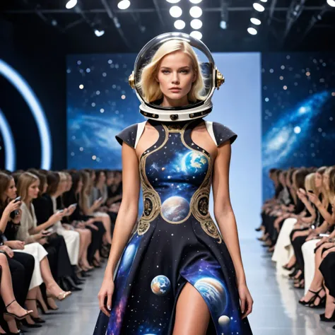 cinematic photo Stunning blonde a woman in a dress with a galaxy print on it , High fashion  crazy  , alexander mcqueen haute couture, trending on artstatioin, alchemy concept, jpl, runway, romantic dress, inspired by Anne Stokes, solar system, 2 0 1 4. modern attire, paris fashion week, space art, unique design, art (wearing an astronaut space helmet at a fashion show), cinematic  photorealistic, 8k uhd natural lighting, raw, rich, intricate details, key visual, atmospheric lighting, 35mm photograph, film, bokeh, professional, 4k, highly detailed . 35mm photograph, film, bokeh, professional, 4k, highly detailed