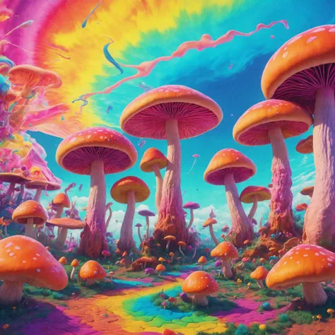 Psychedelic style a (((Psychedelic))) technicolored mushroom dream world, all around growing morphing mushrooms and music. (tie-died t-shirts). <lora:xl_more_art-full_v1:4> (((Psychedelic))) Rainbow Sky, cinematic photorealistic, 8k uhd natural lighting, raw, rich, intricate details, key visual, atmospheric lighting, 35mm photograph, film, bokeh, professional, 4k, highly detailed . Vibrant colors, swirling patterns, abstract forms, surreal, trippy