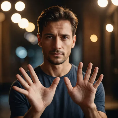cinematic photo centered, half body photo of 30 y.o man shows hands palm towards camera , with five fingers, shirt, natural skin, dark shot, cinematic  photorealistic, 8k uhd natural lighting, raw, rich, intricate details, key visual, atmospheric lighting, 35mm photograph, film, bokeh, professional, 4k, highly detailed . 35mm photograph, film, bokeh, professional, 4k, highly detailed