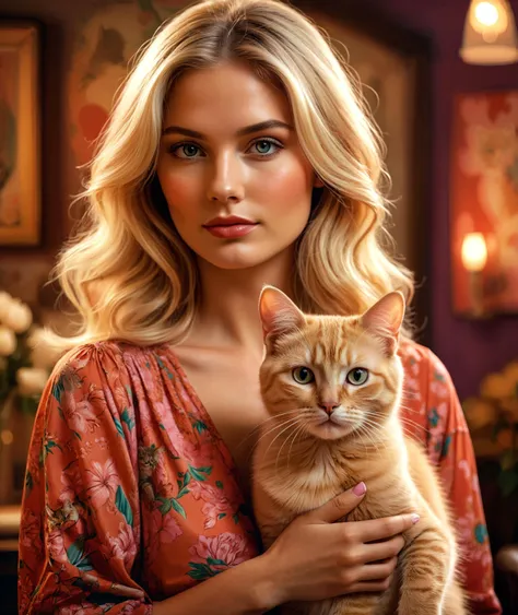 Photograph of a beautiful blonde woman holding a Cat , 1970s backdrop filled with chic illustrations, lush brushstrokes, valentine motifs, in vibrant colors, highly detailed, ultra-realistic.