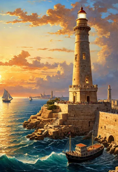 Capture the magnificence of the ancient wonder, the Lighthouse of Alexandria, towering proudly over the bustling harbor, its majestic form reaching towards the azure sky. The colossal structure, bathed in the golden light of the setting sun, casts a long, dramatic shadow across the tranquil waters of the Mediterranean Sea. The intricate details of the towering lighthouse are meticulously depicted, from the grand, spiraling ramp that winds its way to the pinnacle, to the ornate carvings adorning its marble facade. Seafaring vessels of all sizes navigate the bustling harbor below, their sails billowing in the gentle sea breeze as they come and go, guided by the beacon of the legendary lighthouse. The bustling port city bustles with activity, merchants hawking their wares, sailors unloading cargo, and travelers marveling at the grandeur of this architectural marvel from a bygone era.