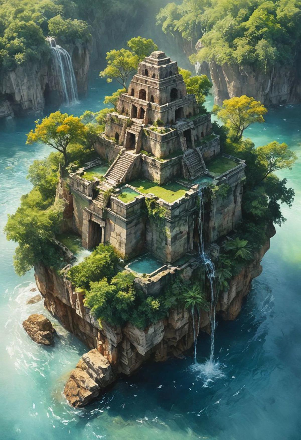 A small island with a waterfall and a waterfall in the middle - SeaArt AI