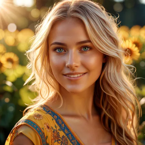 cinematic photo Cinematic film still of an 18-year-old with very long blonde woman with sun-inspired macroscopic patterns. Bright blue eyes. Highlight concentric circles, radiating sunbeams, and floral patterns in her clothing and background, using a summery palette of warm yellows, oranges, and soft greens. smiling. Aim for a serene expression and warm, diffused lighting to emphasize the delicate sun-inspired textures. Cinematic photorealistic, 8k UHD natural lighting, raw, rich, intricate details, key visual, atmospheric lighting, 35mm photograph, film, bokeh, professional, 4k, highly detailed. Shallow depth of field, vignette, highly detailed, high budget, bokeh, cinemascope, vibrant, epic, gorgeous, film grain, grainy., cinematic photorealistic, 8k uhd natural lighting, raw, rich, intricate details, key visual, atmospheric lighting, 35mm photograph, film, bokeh, professional, 4k, highly detailed, cinematic, colorful background, concept art, 8k, dramatic lighting, high detail, highly detailed, hyper realistic, intricate, intricate sharp details, octane render, smooth, studio lighting, trending on artstation. . 35mm photograph, film, bokeh, professional, 4k, highly detailed, slightly sweaty.