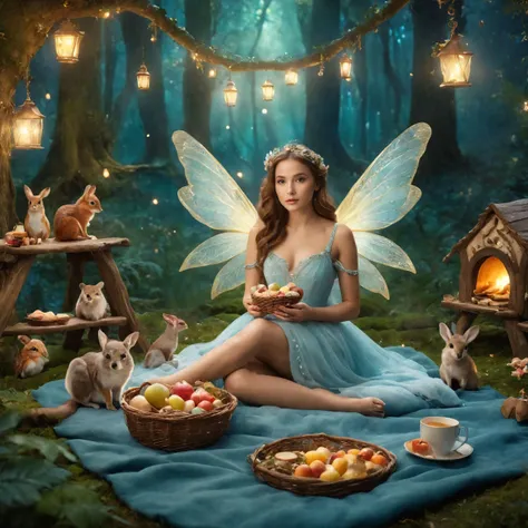 cinematic film still Dreamscape 1 fairy with wings sitting and on a blanket having a picnic with loads of cute woodland animal friends food and drinks in the magical woods, realistic fantasy photography, furnished with fairy furniture, stephen lau and artgerm, in a candy forest! at night, by Elizabeth Polunin, cgworld, by Cosmo Alexander, metaverse, rankin, photorealistoc, cinematic photorealistic, 8k uhd natural lighting, raw, rich, intricate details, key visual, atmospheric lighting, 35mm photograph, film, bokeh, professional, 4k, highly detailed . Surreal, ethereal, dreamy, mysterious, fantasy, highly detailed, the environment is ultra-detailed, , and a perfect cinematic lighting that highlights every detail. The product photography is perfect, capturing every angle and texture of the girls and its surroundings. The environment is perfect for a fantasy , with a sense of beauty and magical adventure lurking around every corner. The scene is rendered in 8K, with every pixel perfectly defined and crisp. <lora:add-detail-xl:2> <lora:epiNoiseoffset_v2:2>, cinematic photorealistic, 8k uhd natural lighting, raw, rich, intricate details, key visual, atmospheric lighting, 35mm photograph, film, bokeh, professional, 4k, highly detailed . shallow depth of field, vignette, highly detailed, high budget, bokeh, cinemascope, moody, epic, gorgeous, film grain, grainy