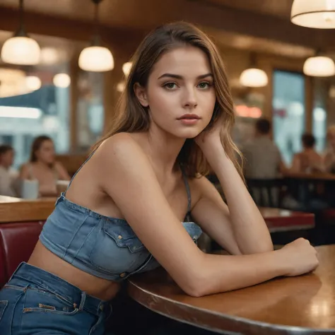 cinematic film still ((nsfw)), 8k, RAW photo, best quality, ultra high res, photorealistic, realistic photo of a girl wearing a croptop, bare shoulders, jeans, sitting in a diner, beautiful, detailed face, detailed, highres, realistic, photorealistic, full body, head to toe, legs, matte skin, por, cinematic  photorealistic, 8k uhd natural lighting, raw, rich, intricate details, key visual, atmospheric lighting, 35mm photograph, film, bokeh, professional, 4k, highly detailed . shallow depth of field, vignette, highly detailed, high budget, bokeh, cinemascope, moody, epic, gorgeous, film grain, grainy