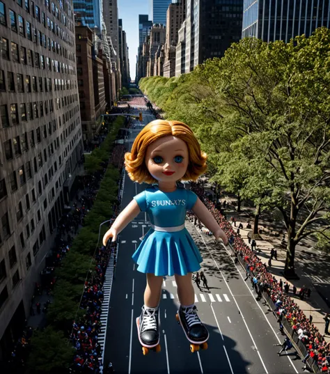 <lora:b41100n_04XL-000008:0.9>a raw photograph of (toy skater grrl doll:1.5) b41100n shaped parade balloon,(floating high above the street:1.2) (with guide ropes:1.1),during Macy's NYC parade,with park and trees behind,with tall buildings in background,(above shot angle:1.1),outdoor,sunshine and shadows,realistic photograph,wide_angle_view,highres,absurdres,hyper realistic,HDR UDH 8K wallpaper,photo realistic,award winning,best quality,masterpiece,intricately detailed,high contrast