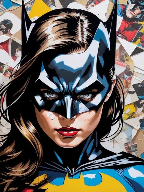 <lora:11VisualArt_Hap_XL:1.8>,Sandra Chevrier style,collage,torn paper effect ,pop art, comic book, Batman, Robin, superhero, masterpiece, (ultra detailed:0.7),