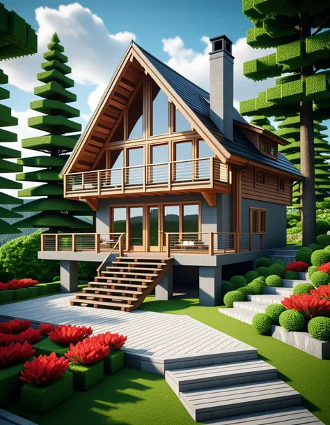 Wide angle voxel-style digital illustration, (Chalet-style wooden house in forest:1.3), Central perspective composition, Dark wood structure, Sloped roof with overlapping planks, (Grid-patterned large windows:1.2), Triangular roof, Gray chimney, (Gray block stairway leading to terrace:1.2), Elevated wooden terrace with railing, Green potted bushes, (Surrounding tall square-trunk trees:1.3), Vivid green leaves, Uniform canopies, (Blocky terrain of earth and grass:1.2), Scattered red and white flowers, Random bushes, Gray stone path encircling house, Blue sky with voxel white clouds, Bright lighting, Warm and colorful ambiance, Pixelated clarity, Vivid and sharp detailing.Masterpiece,best quality,hi res,8k,hi res,8k,award winning,(sharp focus, intricate, highly detailed),