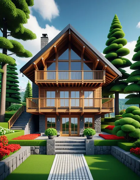 Wide angle voxel-style digital illustration, (Chalet-style wooden house in forest:1.3), Central perspective composition, Dark wood structure, Sloped roof with overlapping planks, (Grid-patterned large windows:1.2), Triangular roof, Gray chimney, (Gray block stairway leading to terrace:1.2), Elevated wooden terrace with railing, Green potted bushes, (Surrounding tall square-trunk trees:1.3), Vivid green leaves, Uniform canopies, (Blocky terrain of earth and grass:1.2), Scattered red and white flowers, Random bushes, Gray stone path encircling house, Blue sky with voxel white clouds, Bright lighting, Warm and colorful ambiance, Pixelated clarity, Vivid and sharp detailing.Masterpiece,best quality,hi res,8k,hi res,8k,award winning,(sharp focus, intricate, highly detailed),