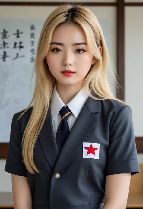 portrait of the upper half of the body ,The girl, blonde, 1 Girl, Dressed in a Japanese school uniform , at a Japanese school , an unearthly concept art Midjourney, MJ, Midjourney style, realism, cinematic quality, macro. ai copilot conceptual creative hyperrealistic