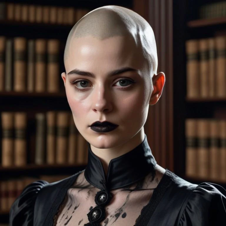 ((impressionism painting style)), bald, woman, shaved head, pale, dark eyeshadow, black lips, (melancholic), ((black edwardian dress)), library, close up view, dimly lit, brush strokes,, <lora:add-detail-xl:0.35>, fine details, 4k resolution