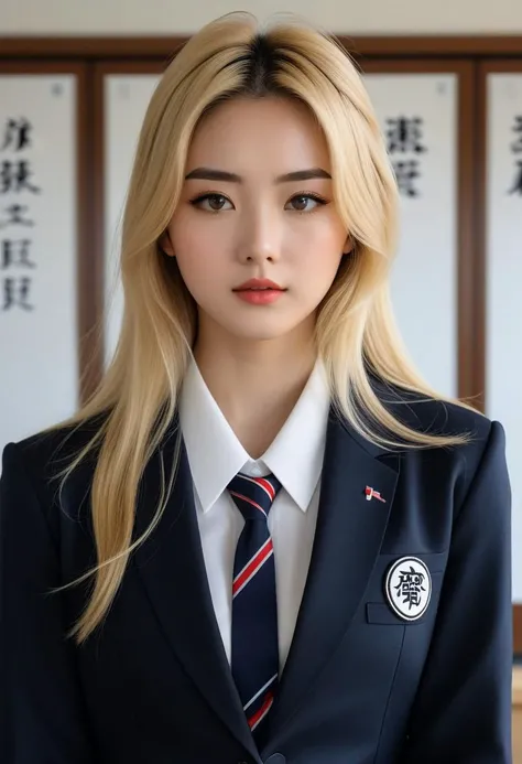 portrait of the upper half of the body ,The girl, blonde, 1 Girl, Dressed in a Japanese school uniform , at a Japanese school , an unearthly concept art Midjourney, MJ, Midjourney style, realism, cinematic quality, macro. ai copilot conceptual creative hyperrealistic