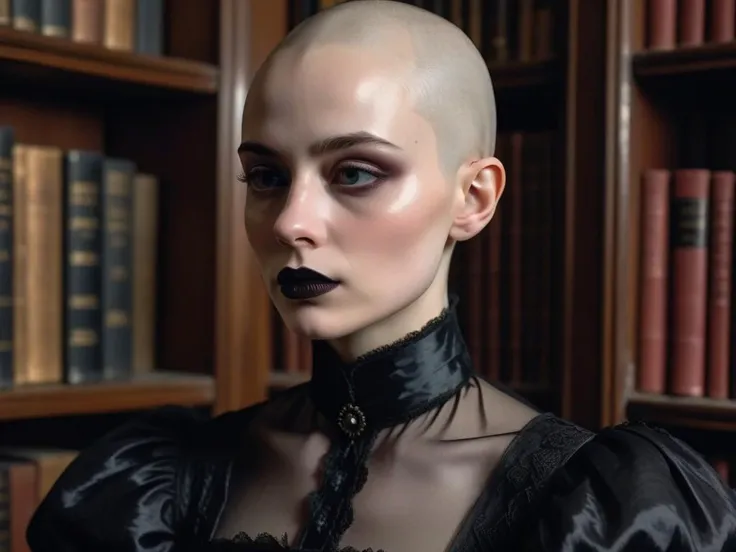 ((impressionism painting style)), bald, woman, shaved head, pale, dark eyeshadow, black lips, (melancholic), ((black edwardian dress)), library, close up view, dimly lit, brush strokes,, <lora:add-detail-xl:0.35>, fine details, 4k resolution