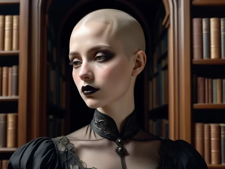 ((((alphonse mucha style)))), bald, woman, shaved head, pale, dark eyeshadow, black lips, (melancholic), ((black edwardian dress)), library, close up view, dimly lit, ((brush strokes)),, <lora:add-detail-xl:0.35>, fine details, 4k resolution