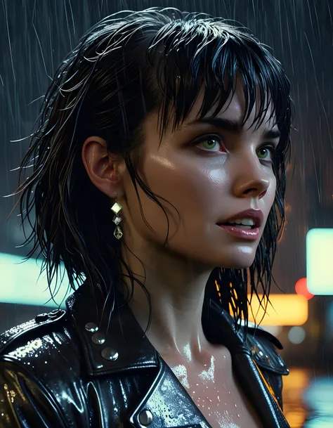 In a gritty, neo-noir setting, a captivating woman named H4RP0N3S is illuminated by the harsh, neon glow of a rain-soaked cityscape at night. Her raven hair cascades down her back, framing a piercing gaze that seems to cut through the misty air. She stands in profile, her long bangs falling across one eye as she leans against a weathered brick wall, her arms crossed over her chest and lips parted in a seductive yet defiant smirk. The glint of silver earrings catches the light, and her teeth flash white against the darkness. A leather jacket adorned with intricate, metallic studs hugs her slender frame, while the rain beads on its surface, creating an almost ethereal glow. The image captures a sense of raw emotion, power, and mystery that is both alluring and slightly intimidating.